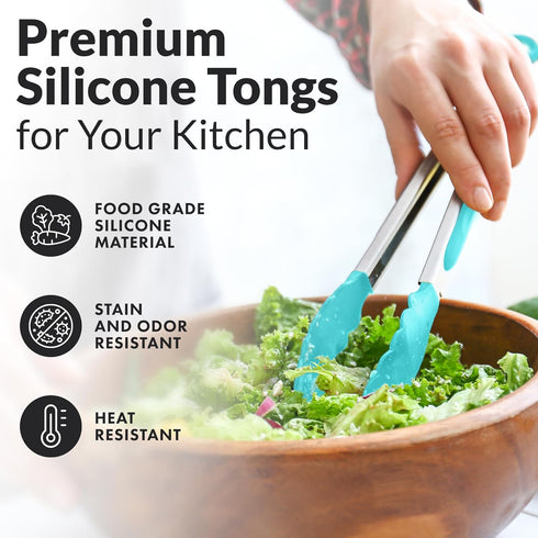 Zulay Stainless Steel Kitchen Tongs with Silicone Tips, Set of 2 (9” & 12”), Locking Cooking Tongs, Silver/Aqua Sky