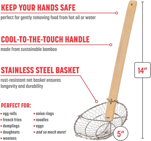 Joyce Chen Kitchen Spider Strainer, Stainless Steel 5-Inch Wire Basket with Bamboo Handle