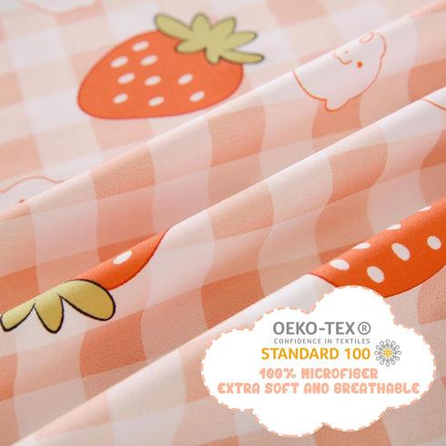 Set 4 Yibeizi Pink Strawberry Sheet for Girls, Cute Full Size Kids Checkered Patterned Bedsheet Microfiber Deep Pocket