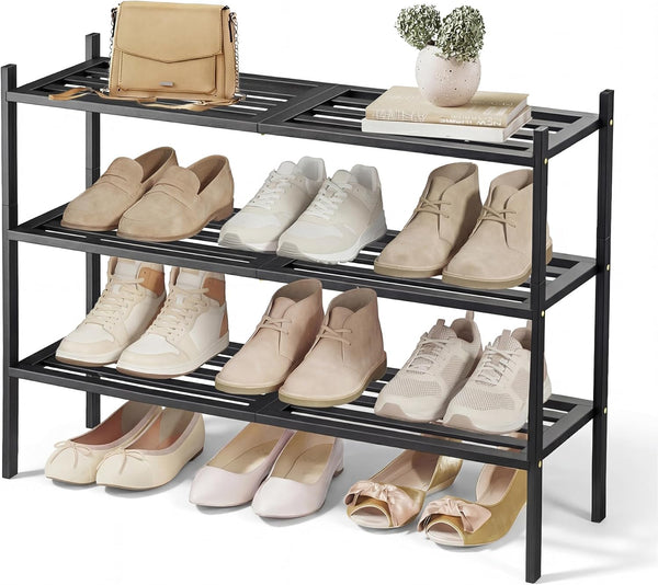 SONGMICS Bamboo Shoe Rack for Closet, Stackable Shoe Oragnizer with Modular Structure,