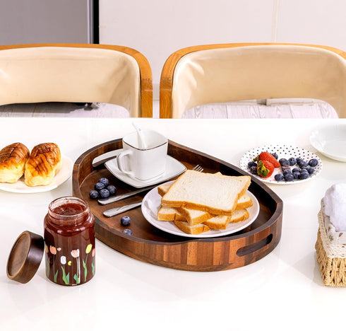 HouseJoy Display,16.5"x13" Acacia Wood Serving Tray with Handles, Decorative Ottoman Tray Platter for Breakfast in Bed