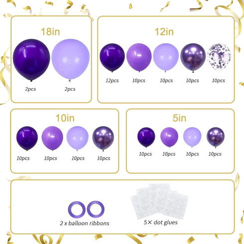 ZizasAry 136-Pack Metallic Purple & Lavender Lilac Balloon Garland Kit - Chrome Purple, Dark/Light Purple Balloons