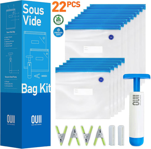 Sous Vide Bags for Joule and Anova Cookers, 15 Reusable BPA-Free Bags with Vacuum Hand Pump - Fits Any Sous Vide Machine