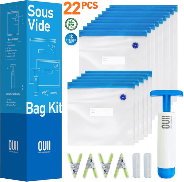 Sous Vide Bags for Joule and Anova Cookers, 15 Reusable BPA-Free Bags with Vacuum Hand Pump - Fits Any Sous Vide Machine