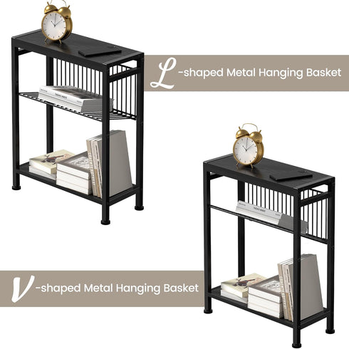 3-Tier End Table for Small Space, Narrow Side Table with Magazine Holder, Nightstand, Skinny Snack Couch Table