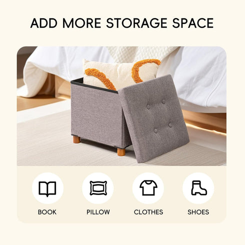 15" 15" 15"Grey PINPLUS Storage Ottoman Cube, White Linen Footrest with Wooden Legs, Foldable Fabric Footrest