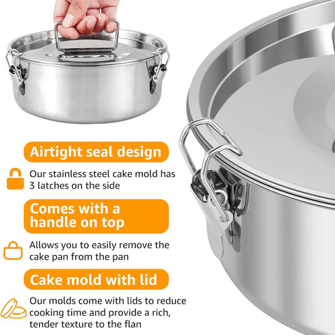 Flan Mold with Lid, Stainless Steel Baking Pan with Handle, 1.5QT Capacity for Cheesecake, Cupcake, Pudding