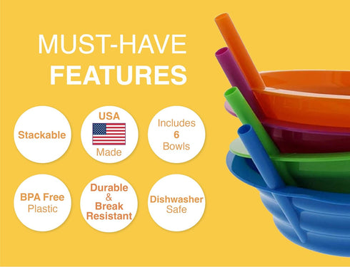 Arrow Home Products Sip-A-Bowl Set, 22oz, 6pk - BPA Free Straw Bowls for Kids, Made in the USA, Blue, Pink, Green,