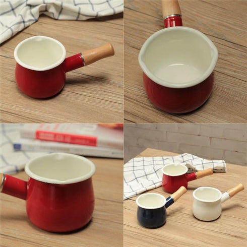 Enamel Milk Pot, Small 4 Inch 17 Oz Saucepan with Wooden Handle, Perfect for Heating Smaller Liquid Portions