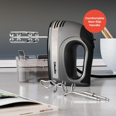 Mueller Electric Hand Mixer, 5 Speed 250W Turbo with Snap-On Storage Case and 4 Stainless Steel Accessories for Mixing