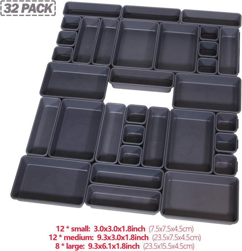 Set of 32 Interlocking Desk Drawer Organizer Tray Dividers, Plastic Storage Bins for Kitchen, Bathroom, Office