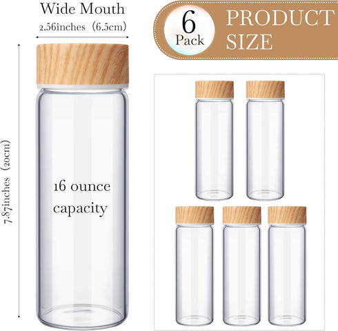 6 Pack 16 oz Zubebe Glass Juice Bottles with Lids Wide Mouth Water Bottles Reusable Juice Containers with Bamboo