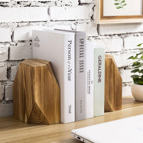 Set of 2 Rustic Burnt Solid Wood Geometric Style Bookends by MyGift