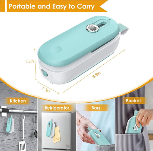 Mini Bag Sealer, 2 in 1 Heat Seal with Cutter and Lanyard, Portable Resealer Machine for Plastic Snack Bags (Batteries