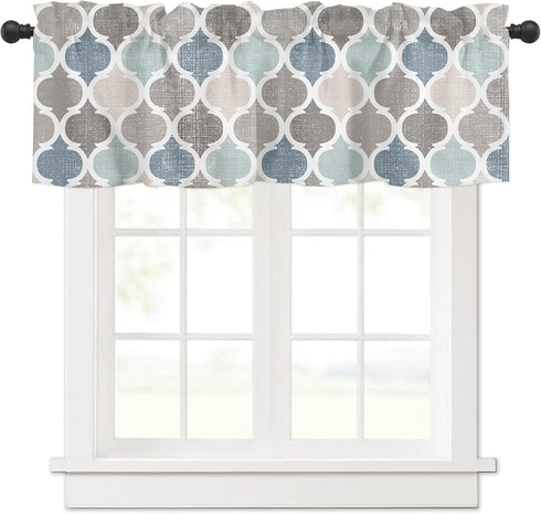 Valances Curtains for Living Room, Retro Blue Moroccan Geometric Pattern Semi Sheer Valance, 42''x12''