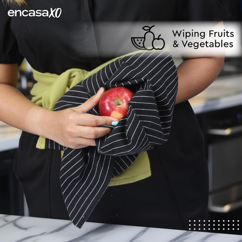 Encasa XO Cotton Kitchen Towel Set, Pack of 4, X-Large 28"x18", Highly Absorbent Hand and Tea Cloth - Butcher Black
