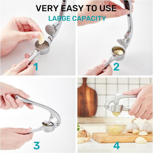 HiramWare Garlic Press, Premium Rust Proof Kitchen Garlic Mincer Crusher Squeezer with Ergonomic handle, Ginger Crusher