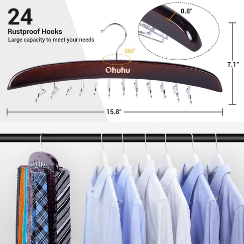 Ohuhu Tie Rack Hanger for Closet, 2 Packs 24 Folding Hooks Wooden Tie Holder Organizer, Walnut