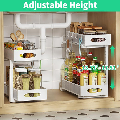 Under Sink Organizer, 2-Tier Pull-Out Cabinet Storage Baskets with Mesh Metal Sliding Drawer (1 Pack White)