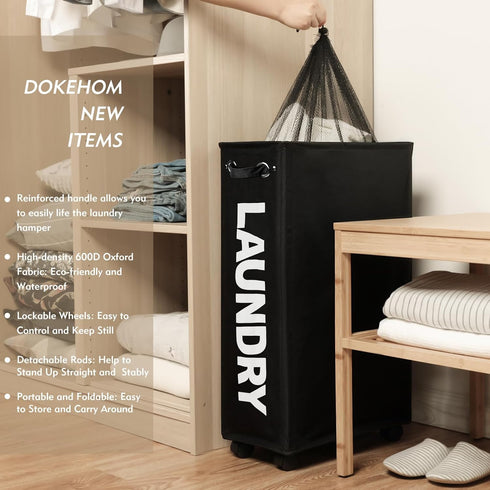 29-Inches DOKEHOM Enlarged Slim Laundry Basket with Removable Wash Bag on Wheels, Collapsible Rolling Laundry Hamper