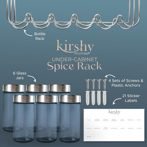 Kirshy Solutions 6 21 Under Cabinet Spice Rack With Glass Spice Jars & Labels Stainless Steel Spice Storage Rack