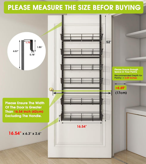 Over The Door Pantry Organizer, 6-Tier Adjustable Hanging Baskets, Metal Wall Mount Spice Rack for Home & Kitchen -