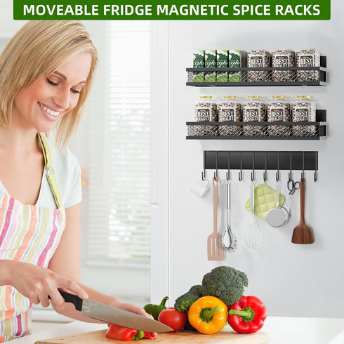 Magnetic Spice Rack for Refrigerator, 3 Pack Moveable Magnetic Shelf with 10-Hook Rack for Kitchen Organizers