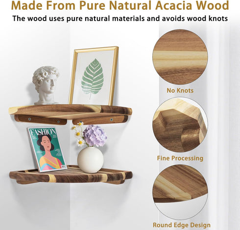 wyzqyam 10 Inch Set 2, Floating Corner Shelve, Acacia Wood Corner Shelf of Corner Shelf wall Mounted for Living Room