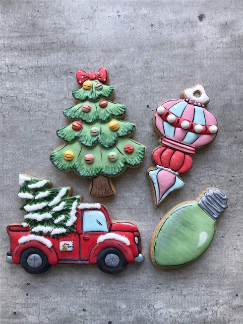 LILIAO Christmas Cookie Cutter Set, 4-pc Stainless Steel Cutters: Pickup Truck with Christmas Tree, Light Bulb, Ornament