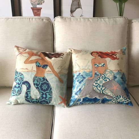ULOVE LOVE YOURSELF Ocean Theme Throw Pillow Case - 4 Pack Cotton Linen Mermaid Square Cushion Covers 18 X 18 Inch