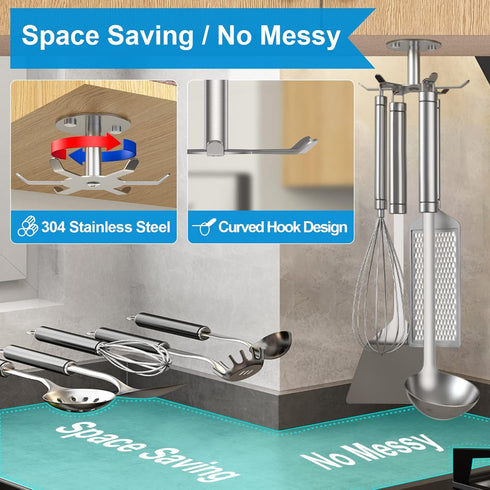 2pcs Under Cabinet Hooks - Rotating Kitchen Utensil Holder, 304 Stainless Steel Adhesive Hanging Rack for Utensils