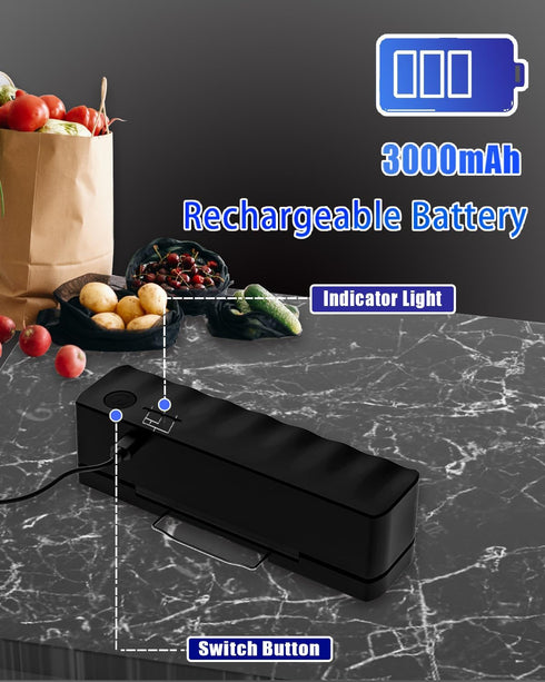 Mini Rechargeable Bag Sealer - 3000mAh Heat Sealer Machine with 5 Adjustable Gears for Food Storage (Black)