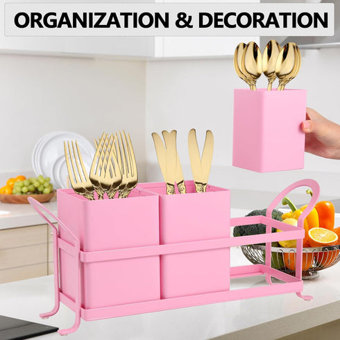 Metal Silverware Caddy - 3 Compartment Utensil Holder with Metal Rack, Flatware Cutlery Organizer for Countertop, Pink