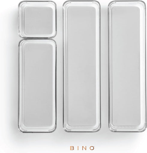 BINO 4-Piece Drawer Organizer Bin Set, Small Grey, Multi-Purpose Storage with Soft-Grip Lining, Non-Slip Feet