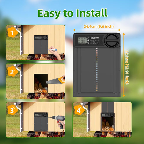 Anti-Pinch Automatic Chicken Coop Door, Battery Powered Electric Chicken Coop Door with Smart Timer, Sensor, LCD