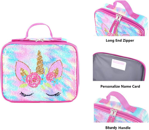 KK CRAFTS Cute Insulated Lunch Box for Kids, Girls Boys Toddlers, Small Sequin Rainbow Unicorn
