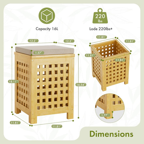 2-in-1 Bamboo End Table with Removable Cushion and Hidden Storage, Ottoman Side Table with Breathable Grid Design