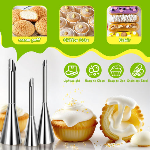 Suuker 3 Pieces Stainless Steel Cream Piping Tips - Long Nozzle Decor for Pastry Icing and Decorating