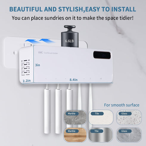 ZOZOO 99.9% Dry,Heating,5+1+1 Slots,12 UV Toothbrush Sanitizeri Holder with Cleaning,Air Hour Memory,Rechargeable Wall