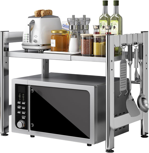 Extendable Adjustable Microwave Oven Rack, 2-Tier Stainless Steel Kitchen Counter Shelf with 4 Hooks
