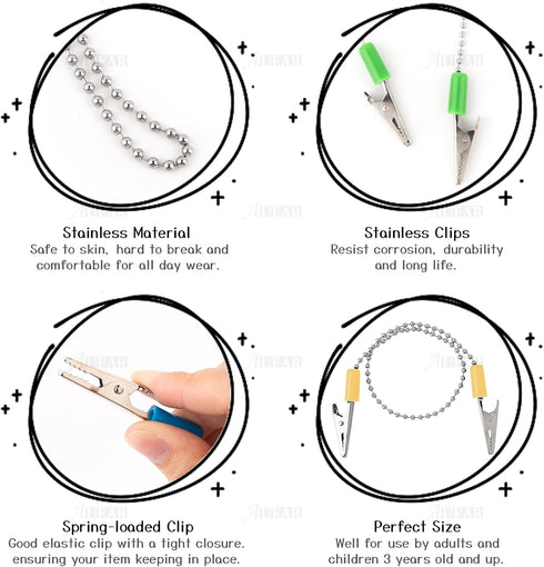 AUEAR 6 Pack Napkin Clips, Metal Dental Bib Chain Holder, Flexible Lanyard for Adults (4 Colors)
