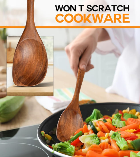 Wooden Spoons for Cooking, Natural Premium Teak Wood, Heat Resistant Cooking Utensils
