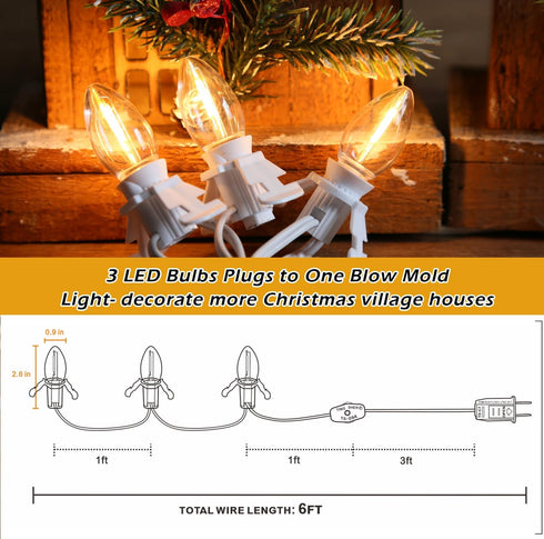 3 C7 Bulbs 3 Bulb Base String Christmas Village Light Accessory Cord with LED Light Universal Clip White Cord