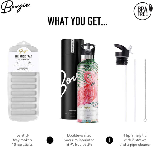 Stainless Steel Water Bottle with Straw, Wide Mouth Double Insulated, Cute Flamingo Gifts for Women, Leak Proof Lid, 25