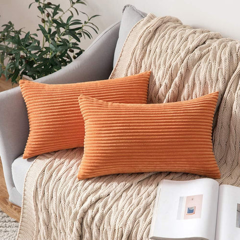 MIULEE Fall Pack of 2 Orange Pillow Covers - 12x20 Inch Soft Boho Striped Corduroy Decorative Cushion Cases