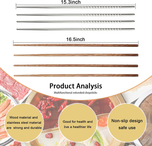 4 Pcs Long Cooking Chopsticks, Reusable Stainless Steel and Natural Wooden Extra Long for Hot Pot Cooking