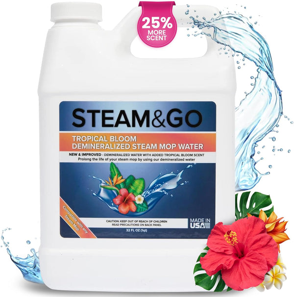 Steam & Go Demineralized Water for Steam Cleaner - 32 oz Tropical Bloom Liquid Compatible with Any Mop Steamer