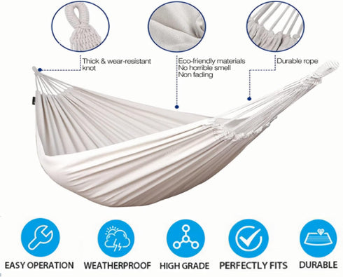 White Hammock Swing Bed, Single Person Cotton Fabric Canvas Travel Hammocks, 500lbs Ultralight Camping Hammock,