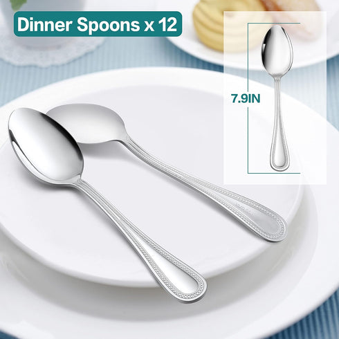 Dinner Spoons Set of 12, E-far Stainless Steel Spoons Silverware with Pearled Edge for Home/Kitchen/Restaurant, Mirror Polished & Dishwasher safe-7.9 Inches by E-far