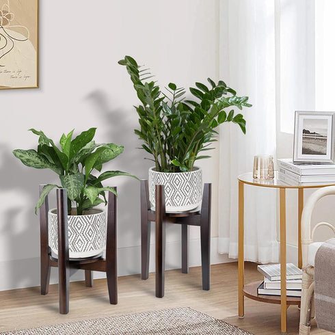 ZIOZERTT 8'' 12'' Adjustable Plant Stand with Tray,Indoor Wood Plant Stand Fit to Planter,Mid Century Modern Flower Pot